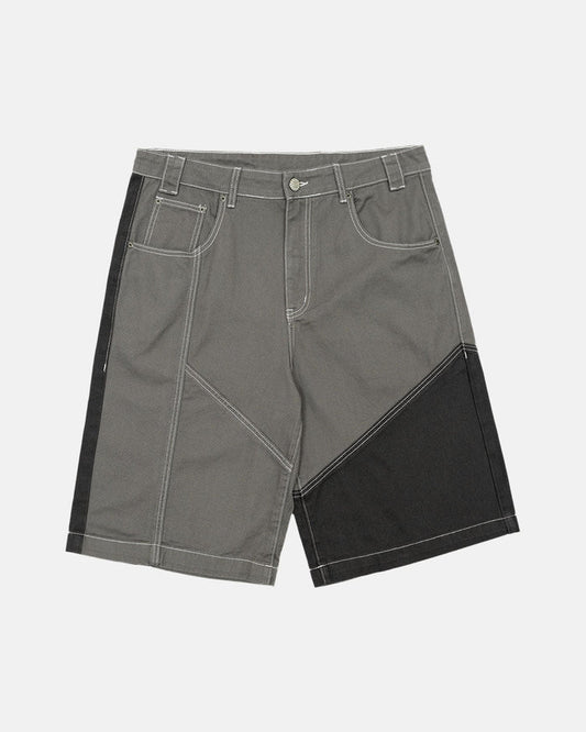 BUTTERFLY V2 SHORTS GREY/BLACK DENIM - grey black patchwork denim shorts, front view - Cold Culture