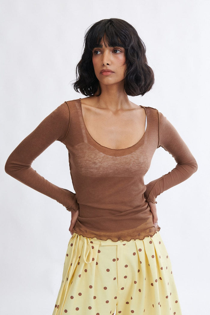 Eliza Faulkner Designs Inc. Carla Microknit Longsleeve Top Brown
