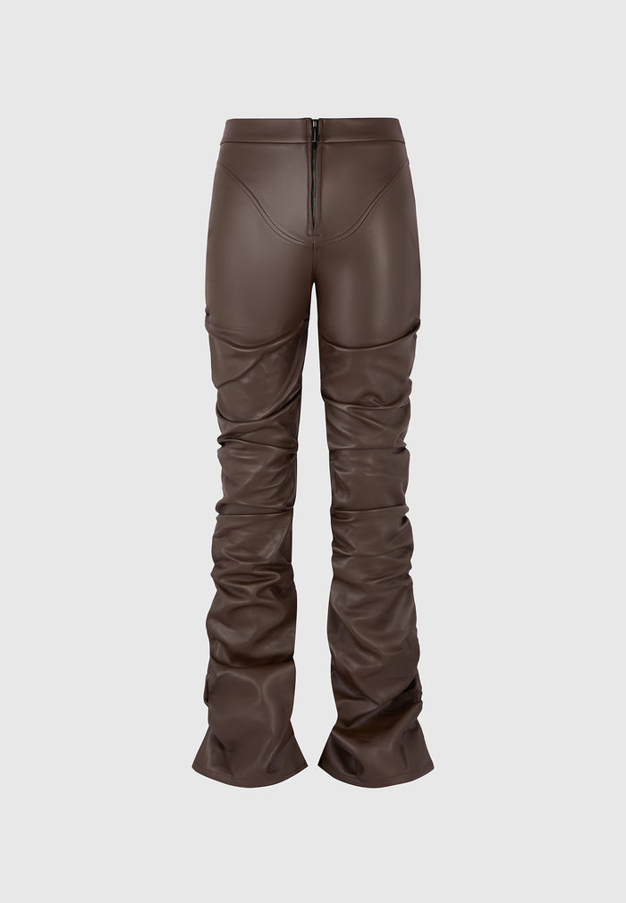 tacked-vegan-leather-flared-trousers-brown