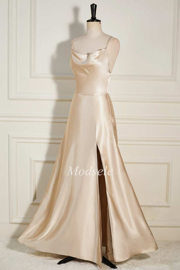 Champagne Cowl Neck A-Line Long Dress with Spaghetti Straps