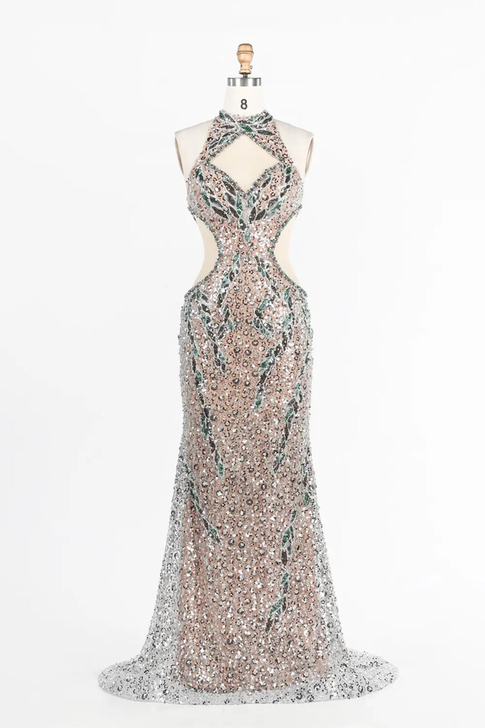 Champagne Halter Cutout Sequin Mermaid Evening Dress ST038 Sheer Fairy