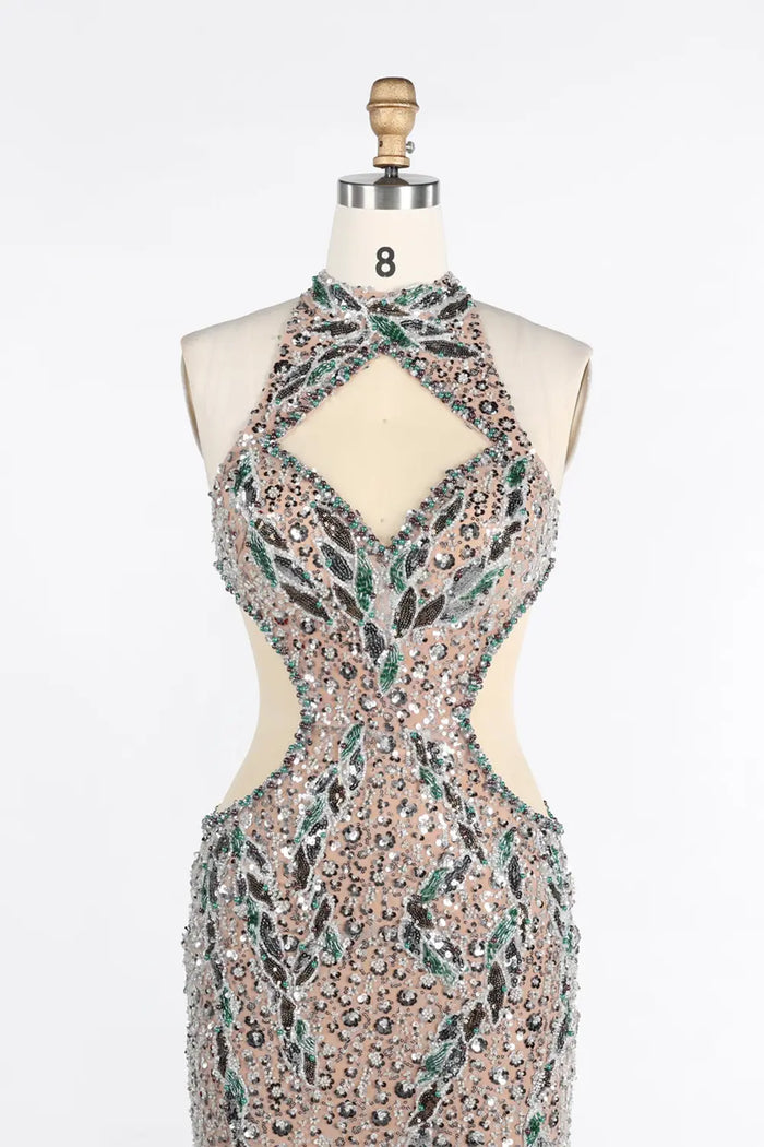 Champagne Halter Cutout Sequin Mermaid Evening Dress ST038 Sheer Fairy