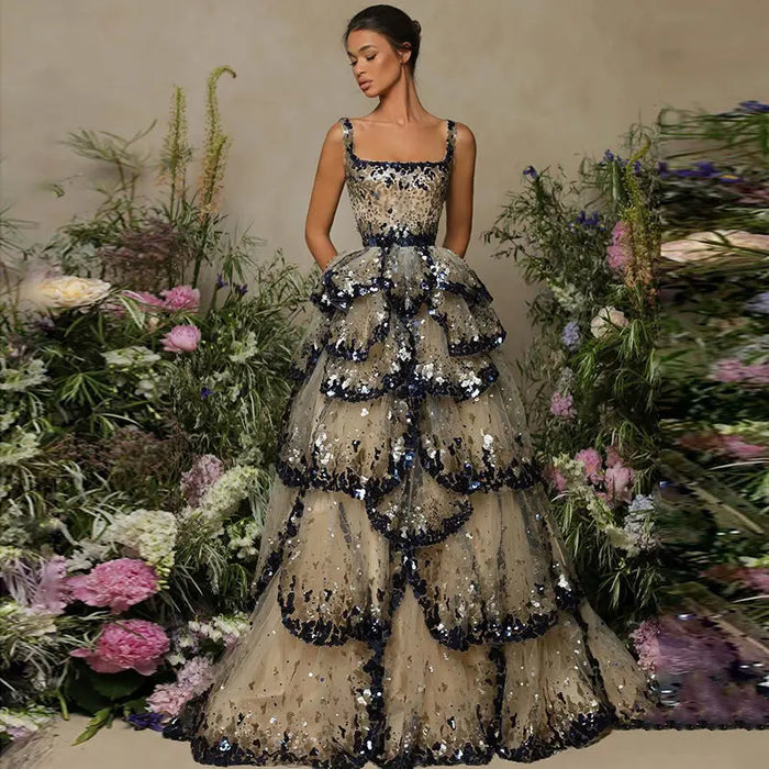 Champagne Silver Sequin Tiered Evening Dress SS243 Sheer Fairy