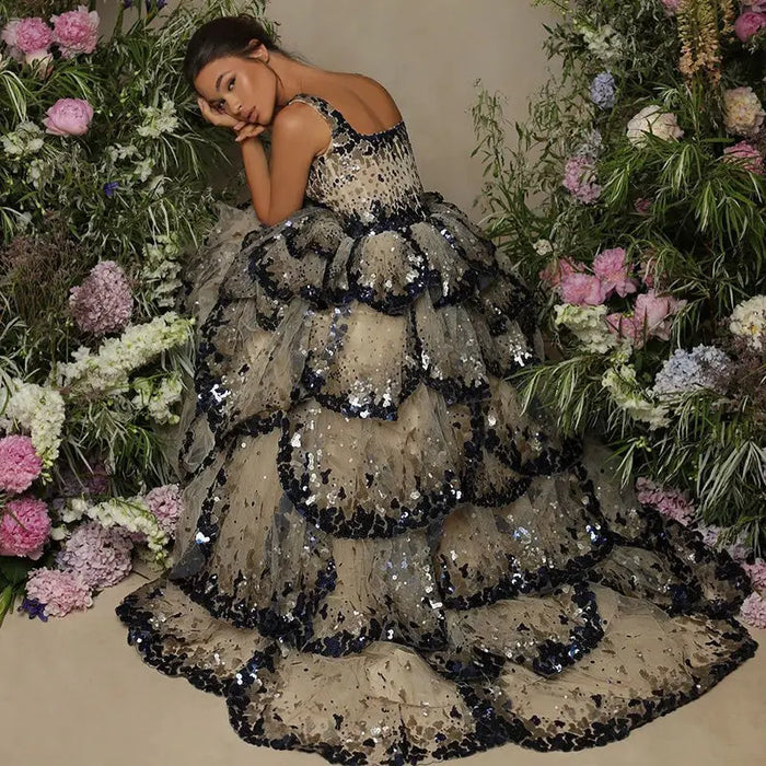 Champagne Silver Sequin Tiered Evening Dress SS243 Sheer Fairy