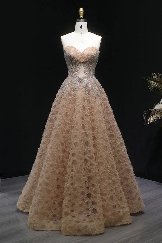 Champagne Sweetheart Beaded Sexy Prom Dress Long Evening Gown SH065 Sheer Fairy