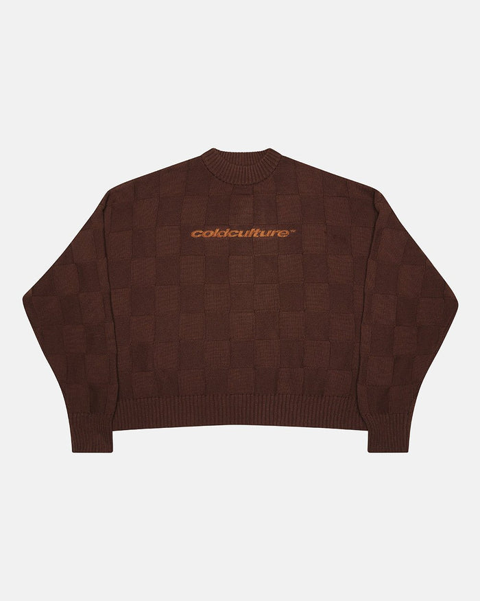 CHECKMATE KNITWEAR BROWN - brown checkerboard knit sweater, front view - Cold Culture