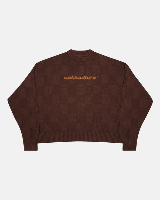CHECKMATE KNITWEAR BROWN - brown checkerboard knit sweater, front view - Cold Culture