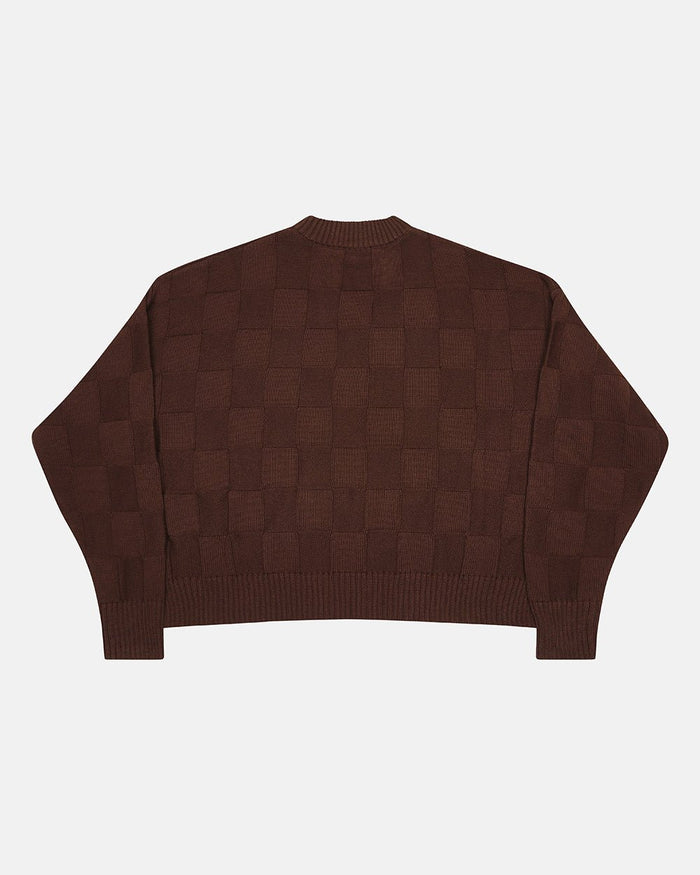 CHECKMATE KNITWEAR BROWN - brown checkerboard knit sweater, back view - Cold Culture