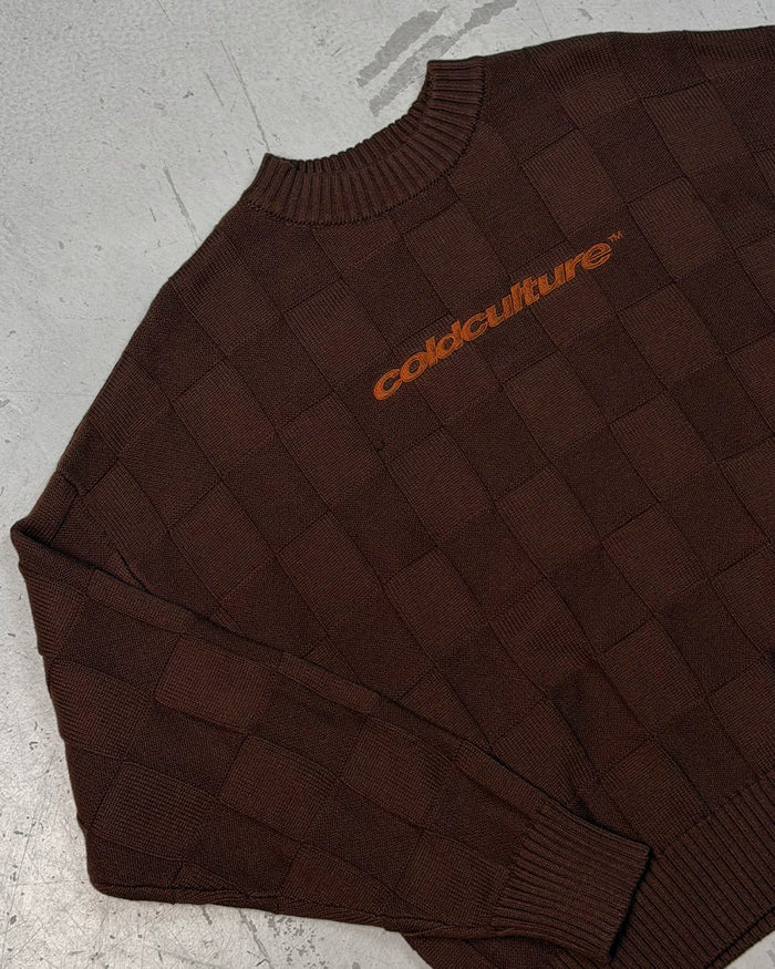 CHECKMATE KNITWEAR BROWN - brown checkerboard knit sweater, detail close-up - Cold Culture