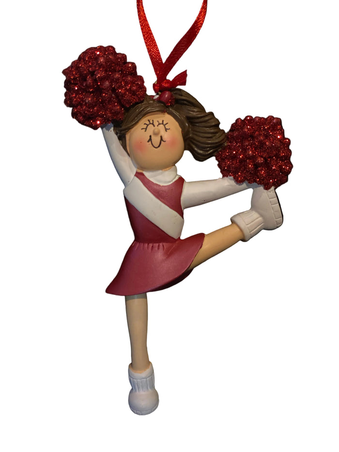 Cheerleader with Brown Hair and Red Uniform- Personalized Ornament