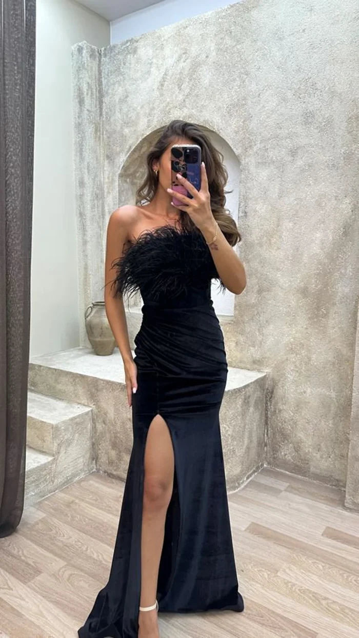 Chest feather detail slit design evening dress