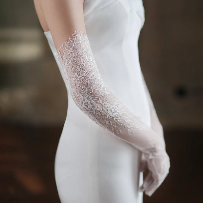 Chic Delicate Floral Pattern Lace Long Wedding Gloves White Bridal Arm Sleeves GL007 SHEER FAIRY