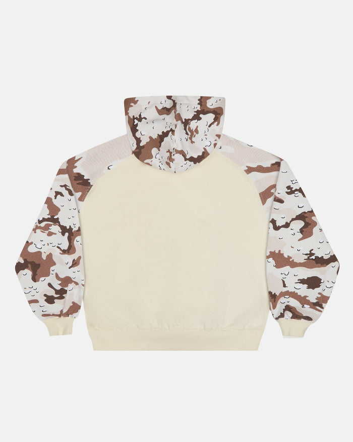 CHIPPED WAFFLE HOODIE BEIGE - beige camo sleeve hoodie, back view - Cold Culture