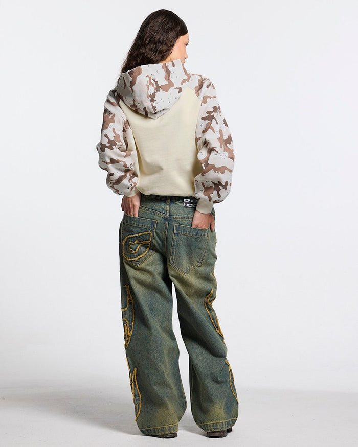 CHIPPED WAFFLE HOODIE BEIGE - beige camo sleeve hoodie, back view on female model - Cold Culture #woman