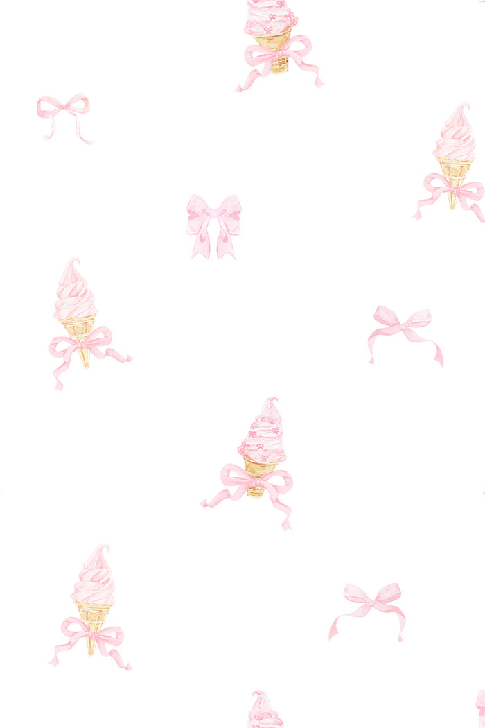 Pattern of ice cream cones with pink bows on a white background