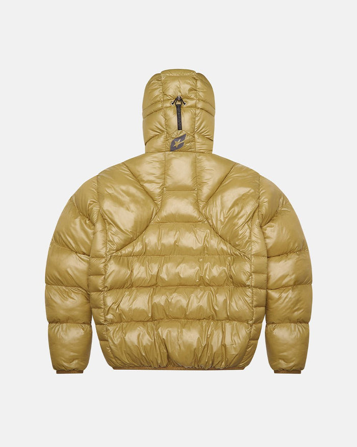 CLOUD ARMOUR PUFFER OLIVE GREEN - olive green hooded puffer jacket, back view - Cold Culture