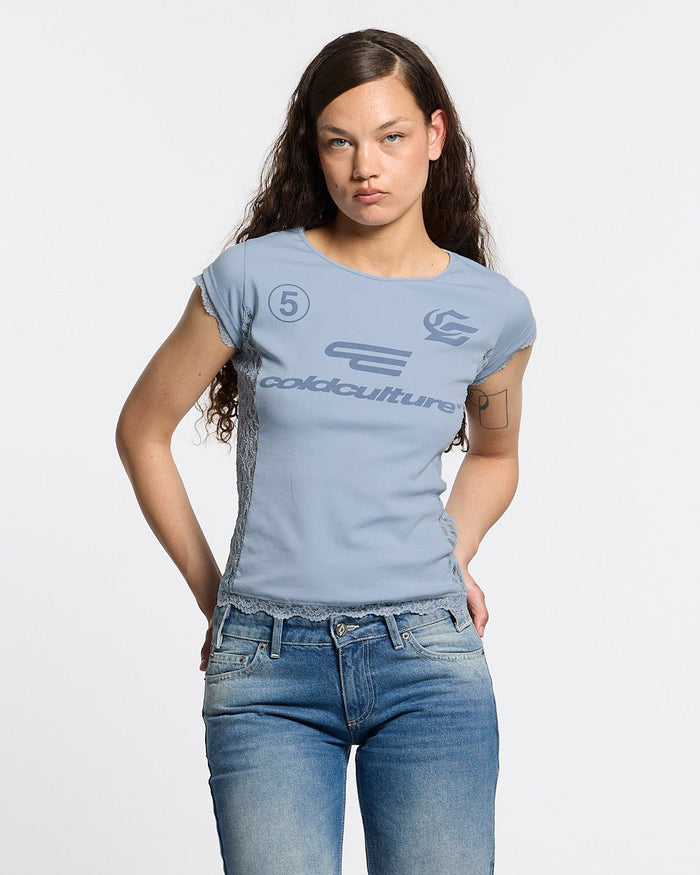 CLUB BABY TEE BABY BLUE - baby blue lace panel tee, front view on female model - Cold Culture #woman