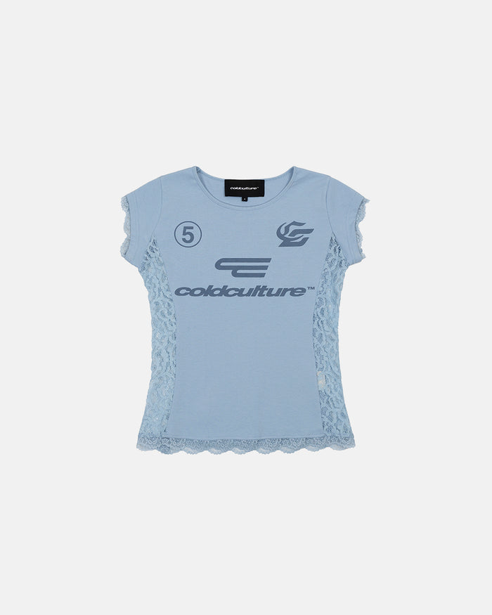 CLUB BABY TEE BABY BLUE - baby blue lace panel tee, front view - Cold Culture