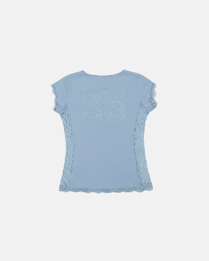 CLUB BABY TEE BABY BLUE - baby blue lace panel tee, back view - Cold Culture