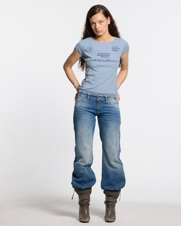 CLUB BABY TEE BABY BLUE - baby blue lace panel tee, front view on female model - Cold Culture