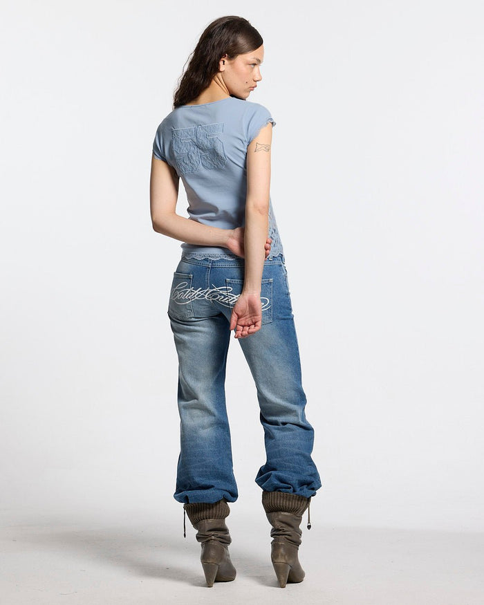 CLUB BABY TEE BABY BLUE - baby blue lace panel tee, back view on female model - Cold Culture
