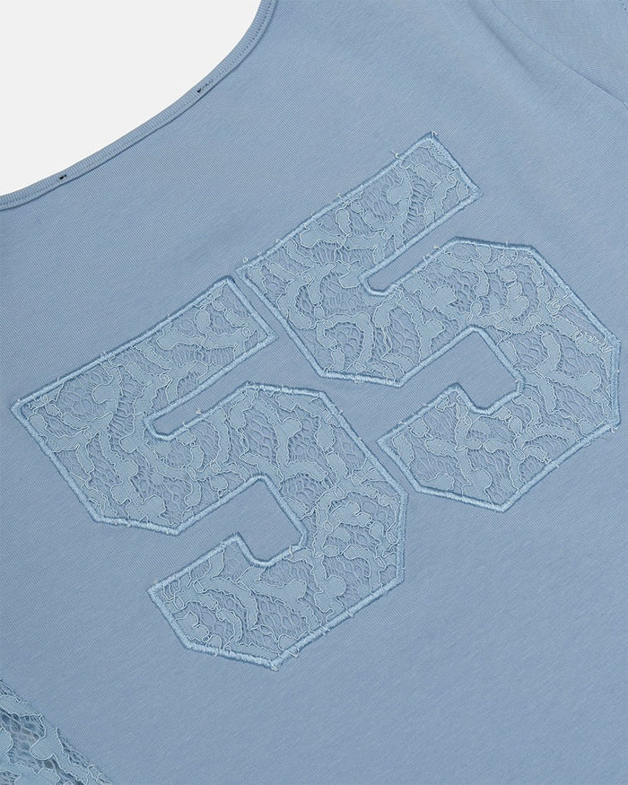 CLUB BABY TEE BABY BLUE - baby blue lace panel tee, detail close-up - Cold Culture