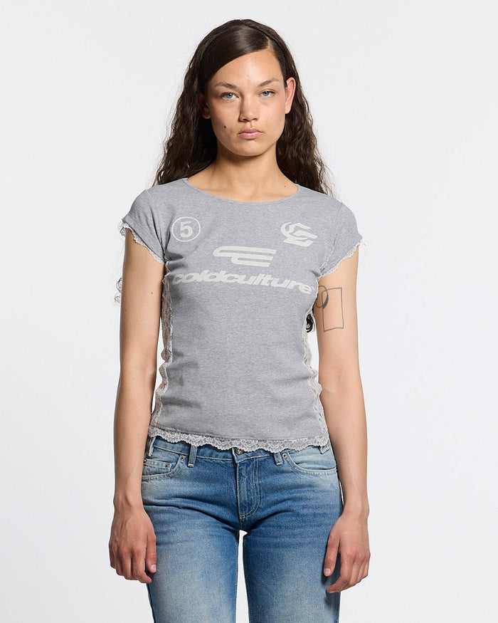 CLUB BABY TEE HEATHER GREY - heather grey lace panel tee, front view on female model - Cold Culture