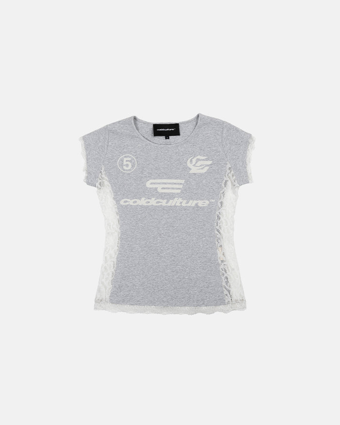 CLUB BABY TEE HEATHER GREY - heather grey lace panel tee, front view - Cold Culture