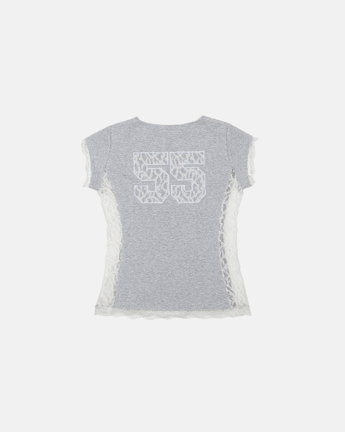 CLUB BABY TEE HEATHER GREY - heather grey lace panel tee, back view - Cold Culture