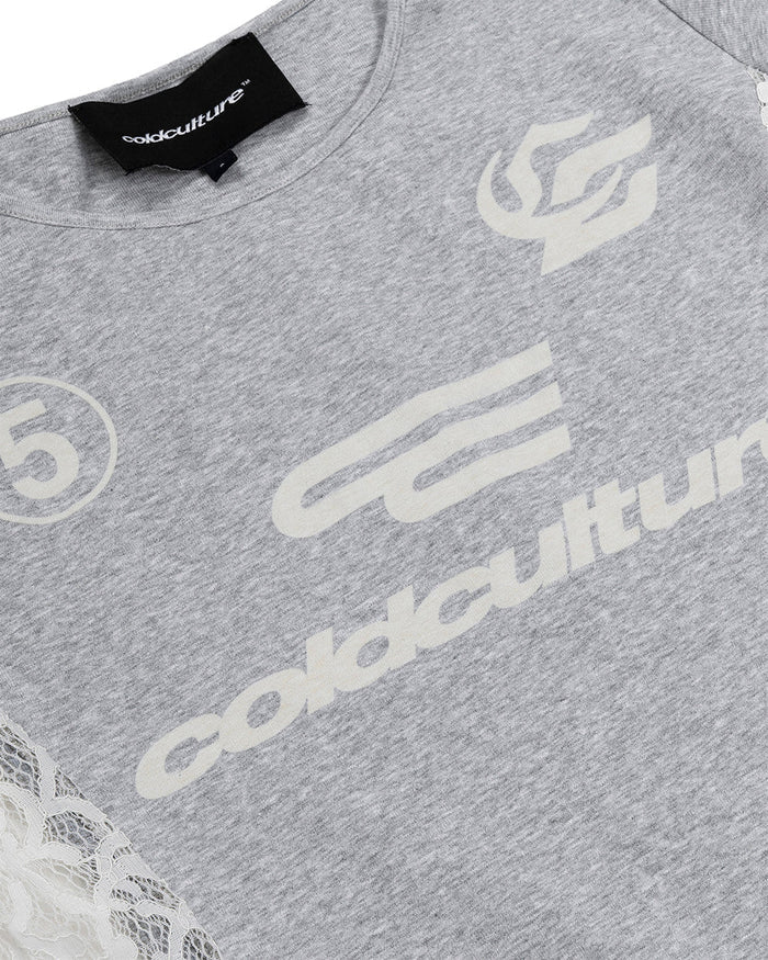 CLUB BABY TEE HEATHER GREY - heather grey lace panel tee, detail close-up - Cold Culture