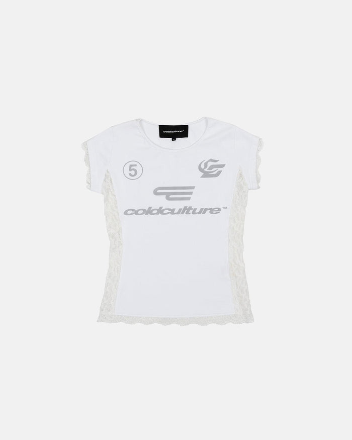 CLUB BABY TEE WHITE - white lace panel tee, front view - Cold Culture