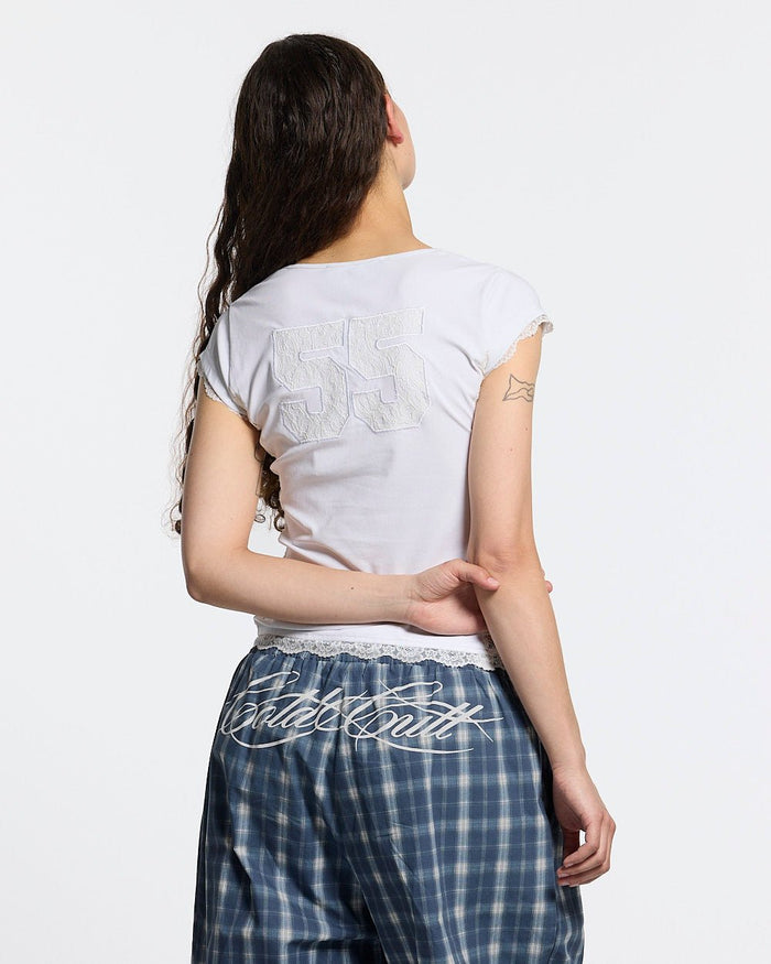CLUB BABY TEE WHITE - white lace panel tee, back view on female model - Cold Culture