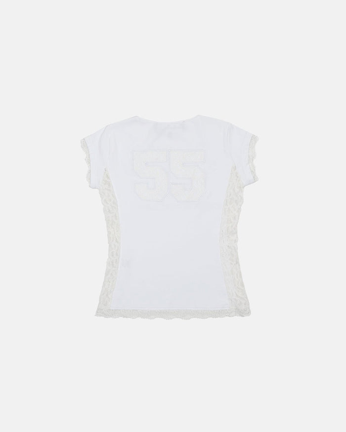 CLUB BABY TEE WHITE - white lace panel tee, back view - Cold Culture