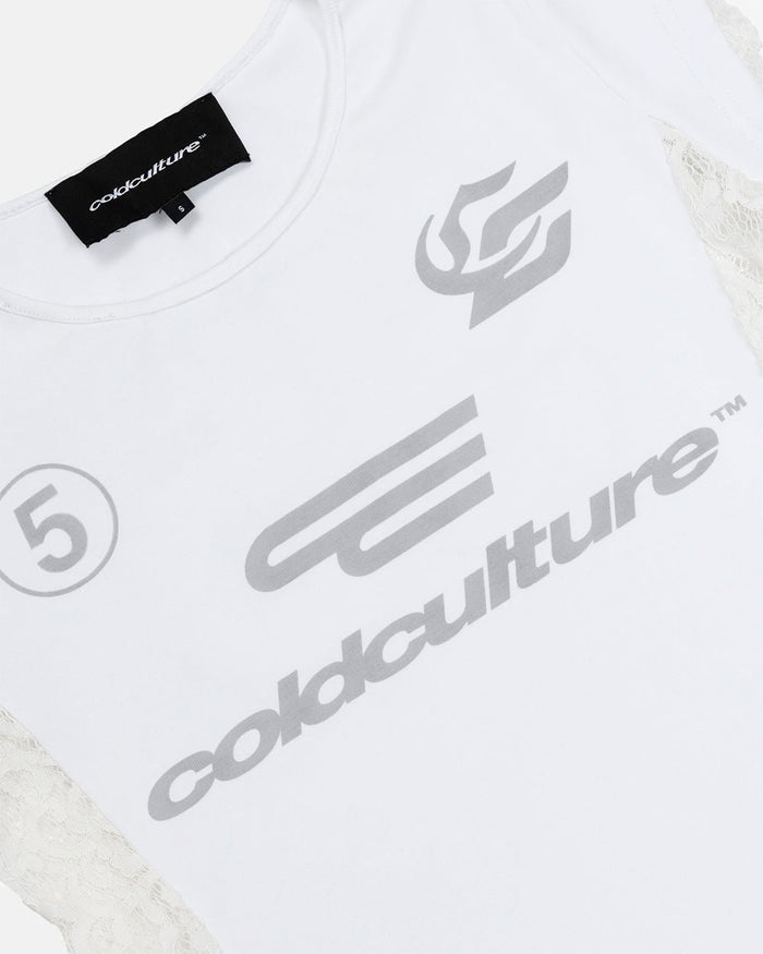 CLUB BABY TEE WHITE - white lace panel tee, detail close-up - Cold Culture