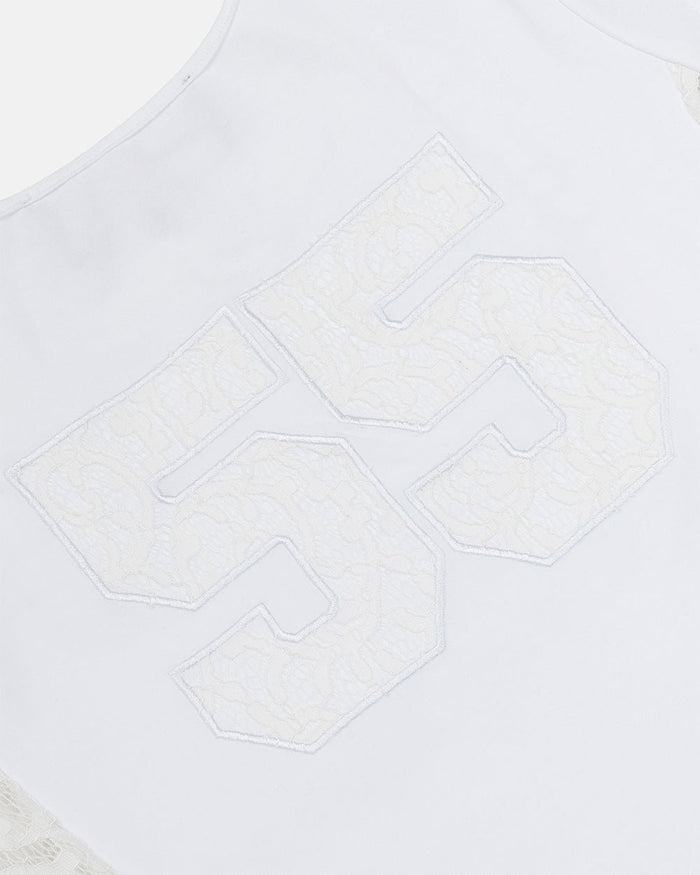 CLUB BABY TEE WHITE - white lace panel tee, detail close-up - Cold Culture