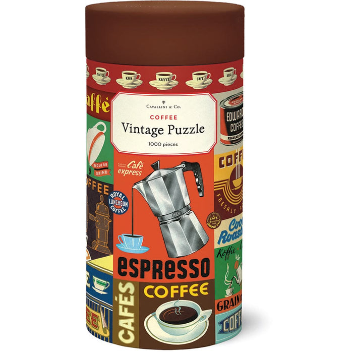 cylindrical puzzle box with coffee-themed design on a white background