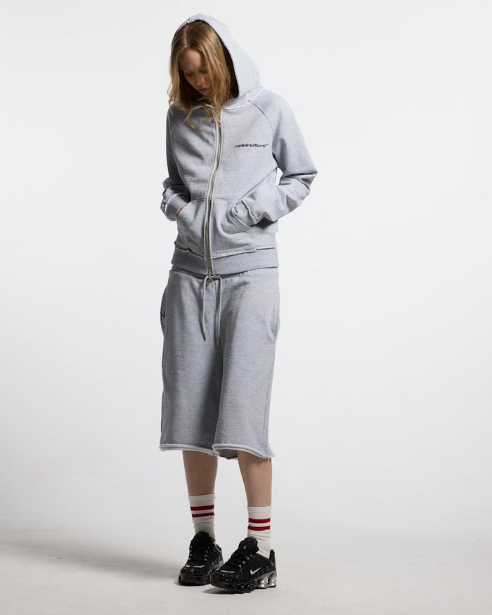 COLD SPORT SWEATPANTS GREY - grey baggy sweat shorts, front view on female model - Cold Culture #woman