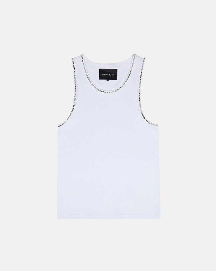 COLD SPORT TANK TOP WHITE - white ribbed tank top, front view - Cold Culture