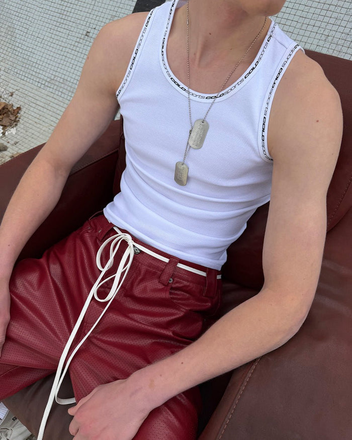 COLD SPORT TANK TOP WHITE - white ribbed tank top, on model close-up - Cold Culture