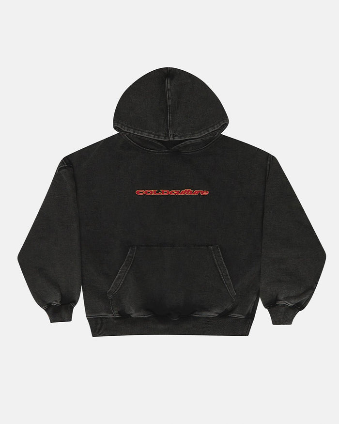 COLD´S GYM HOODIE BLACK - washed black hoodie, front view - Cold Culture