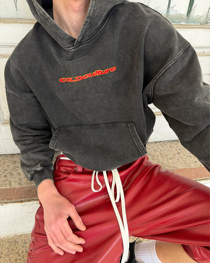 COLD´S GYM HOODIE BLACK - washed black hoodie, on model close-up - Cold Culture