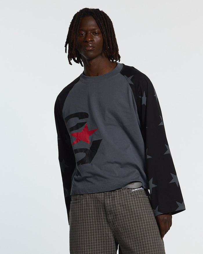 CONSTELLATION LONGSLEEVE GREY - grey star print longsleeve tee, front view on male model - Cold Culture #man