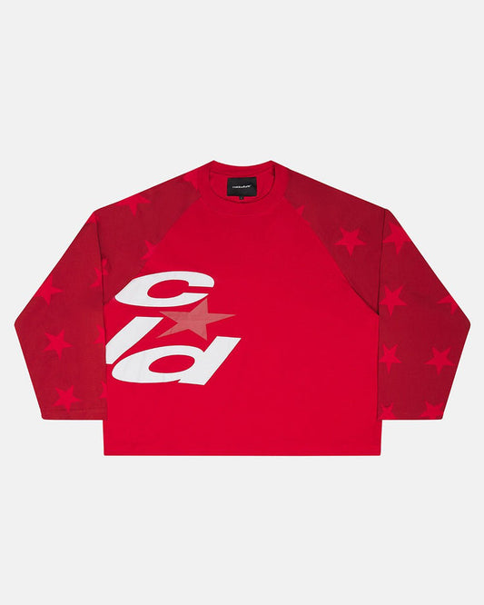 CONSTELLATION LONGSLEEVE RED & BURGUNDY - red star print longsleeve tee, front view - Cold Culture