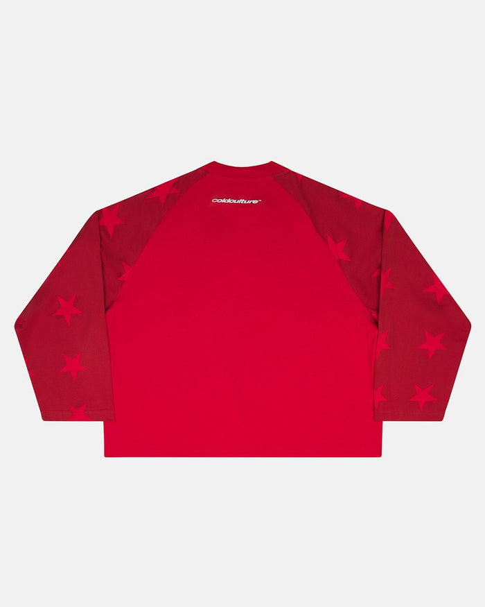 CONSTELLATION LONGSLEEVE RED & BURGUNDY - red star print longsleeve tee, back view - Cold Culture