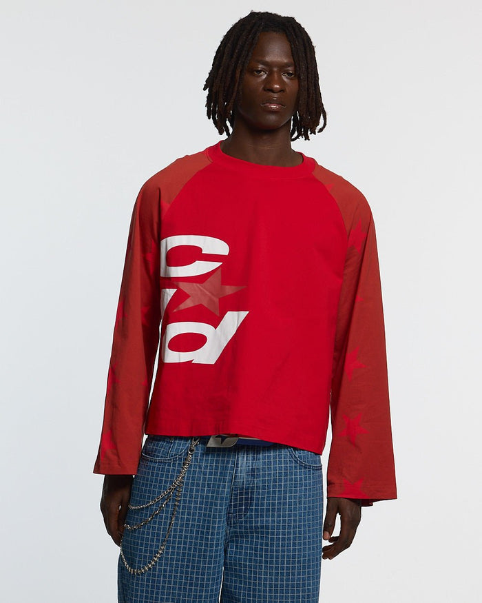CONSTELLATION LONGSLEEVE RED & BURGUNDY - red star print longsleeve tee, front view on male model - Cold Culture #man