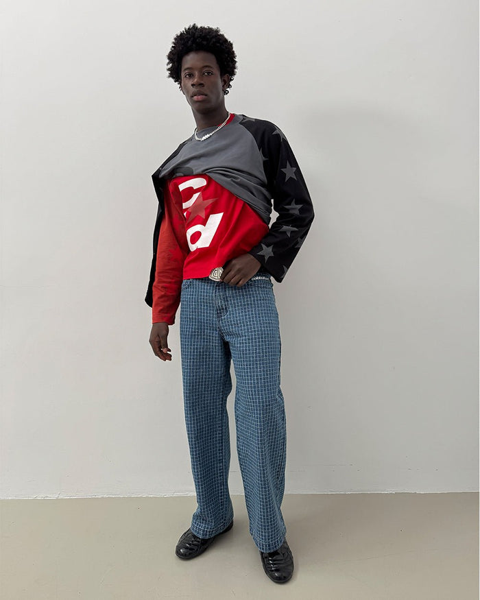 CONSTELLATION LONGSLEEVE RED & BURGUNDY - red star print longsleeve tee, street style shot - Cold Culture