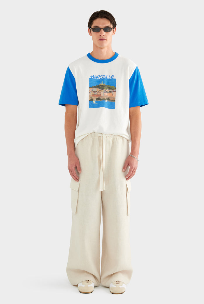 Contrast Cotton Linen Tee - White/Strong Blue - XS