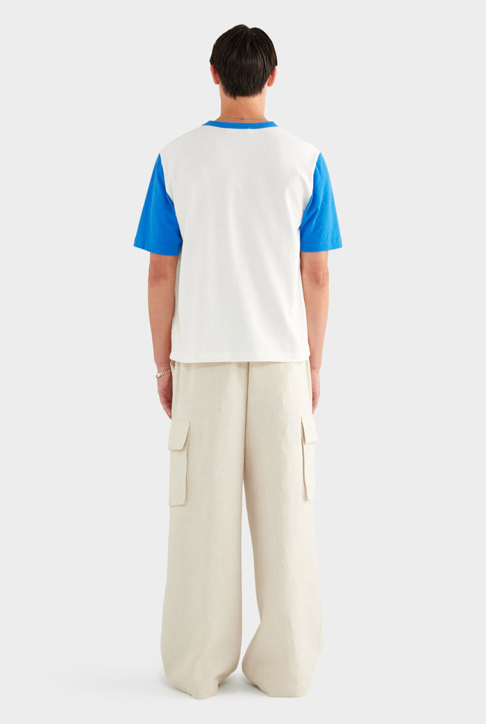 Contrast Cotton Linen Tee - White/Strong Blue - XS