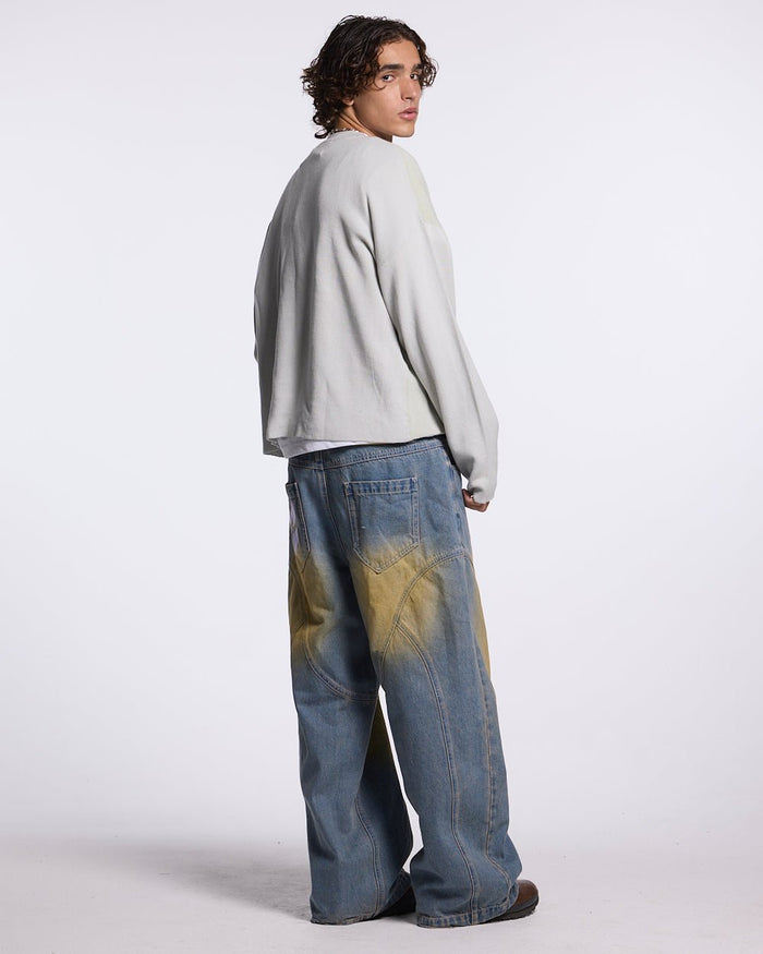 COOL COLD KNIT BEIGE - beige graphic print knit sweater, back view on male model - Cold Culture #man