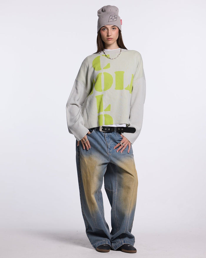COOL COLD KNIT BEIGE - beige graphic print knit sweater, front view on female model - Cold Culture #woman